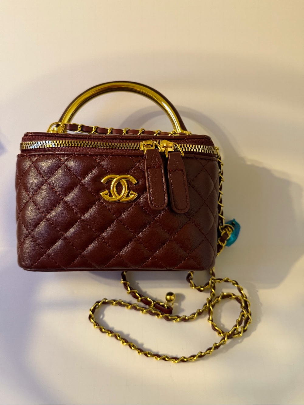 Classic Quilted Mini Vanity Bag in Burgundy with Gold Hardware